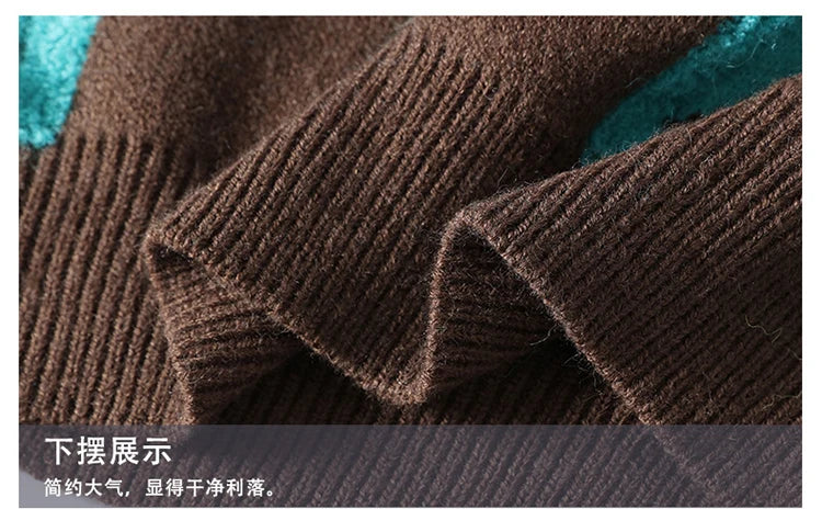 New Men's Fashion Round Neck Print Sweater Autumn Winter Contrast Color Printed Letter Long Sleeve Loose Casual Knitted Tops