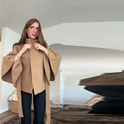 Faux Fur Cloak Jackets Women Loose Standneck Three Button Wide Sleeves Belt Coats Female 2026 Autumn Solid Chic Fashion Outwears