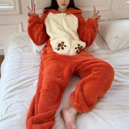 Cartoon Coral Fleece Lined Onesie Pajamas Women's Winter Home Clothes Comfortable Breathable Sleepwear Polyester Fiber