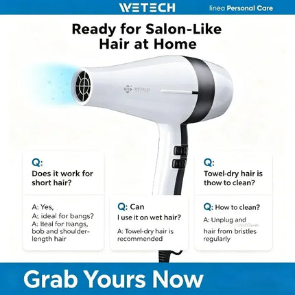 WETECH 2000W Professional Negative Ionic Hair Dryer Adjustable Temperature Speed Blow Dryer With Concentrator Nozzle Home Salon Hair Styling Tool 100-240V Dual Voltage