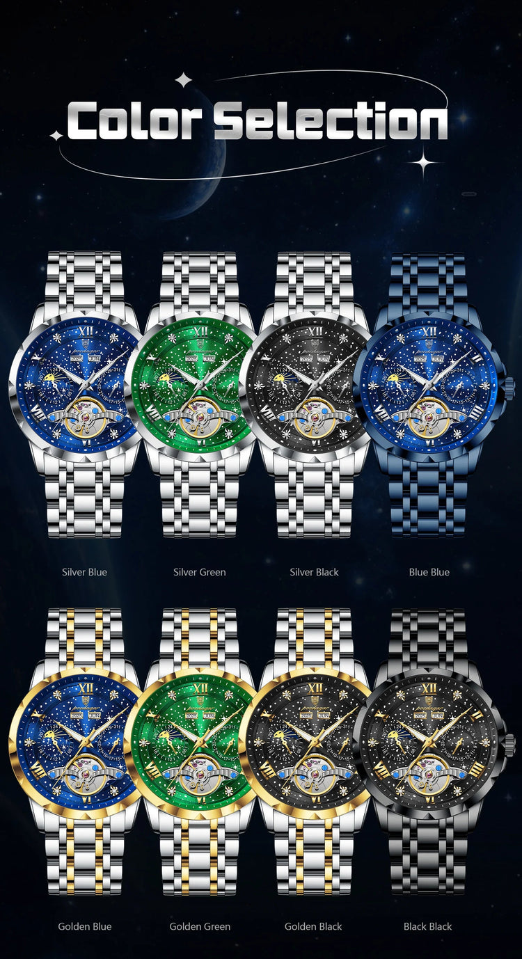POEDAGAR Top Orologio da uomo originale Orologio meccanico automatico da uomo in acciaio inossidabile Calendario Hollow Tourbillon Orologio da uomo Maschio + scatola platinumshop