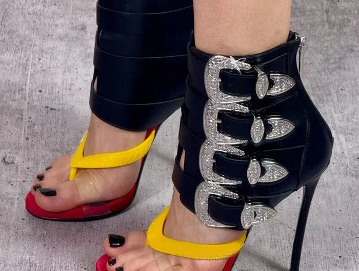 High heel sexy buckle belt women flip flops zipper modern sandal PlatiNum