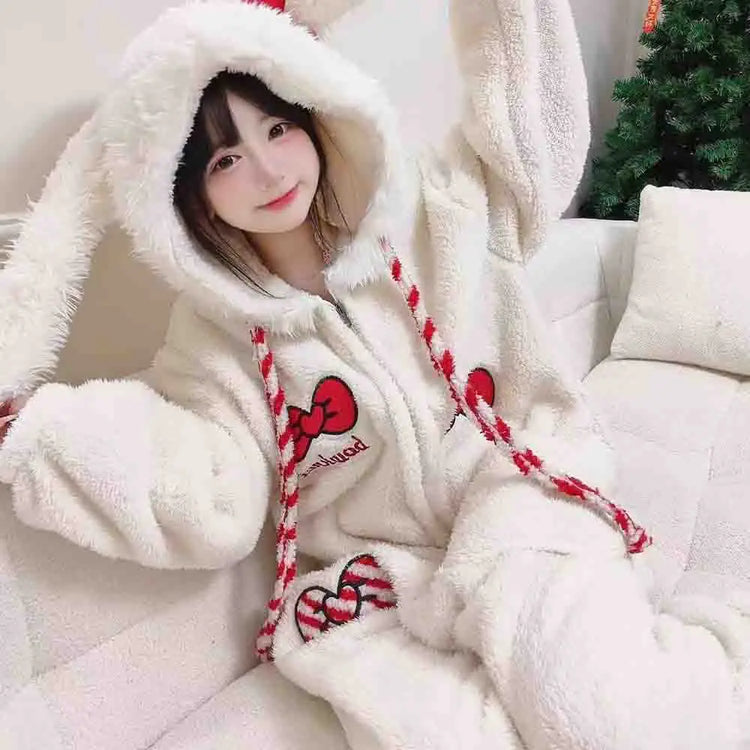 Thick Winter Pajamas Cute Coral Fleece Hooded Pajamas Y2K Kawaii Rabbit Anime Women's Pajamas Cartoon Warm Home Clothesnew Model