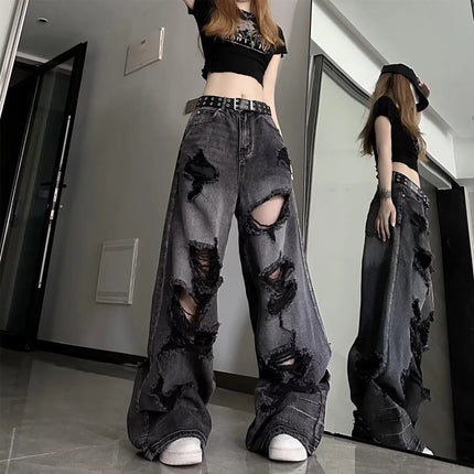 Jeans strappati unici e alla moda da donna, estivi, in stile americano, a zampa d'elefante, vestibilità ampia, versatili, a gamba dritta, lunghi