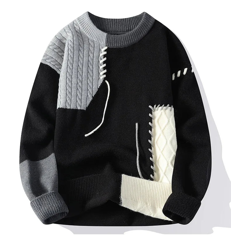 Men Knitted Jumpers Patchwork Sweater O Neck Pullovers Spliced Long Sleeve Jumper Slight Strech Standard Wool 2024 Casual