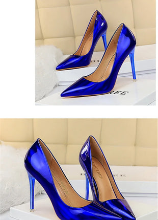 Tacchi alti da donna Blu Verde Décolleté di San Valentino Lusso lucido Stiletto Matrimonio Nuziale Discoteca Moda Semplice Colore solido 1829-2