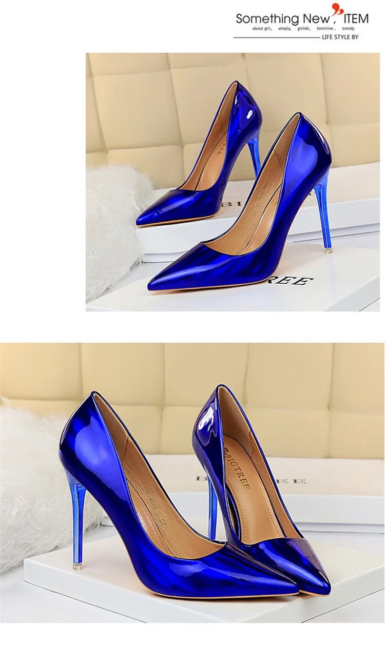 Tacchi alti da donna Blu Verde Décolleté di San Valentino Lusso lucido Stiletto Matrimonio Nuziale Discoteca Moda Semplice Colore solido 1829-2