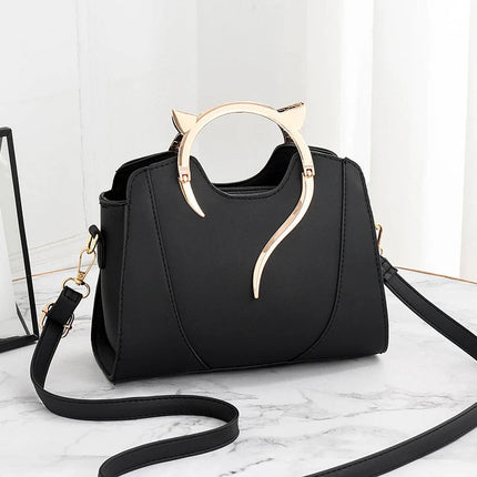 Cat Shaped Handle Women Handbag Trendy And Fashionable, Solid Color, Simple And Casual Crossbody Shoulder Shell Bag PlatiNum