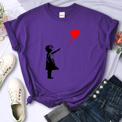 Fly Amore Ballons Imprimés T-shirt Femme Doux et Respirant Manches Courtes Street Hip Hop Tendance Tops Décontractés T-shirt Féminin Vêtements