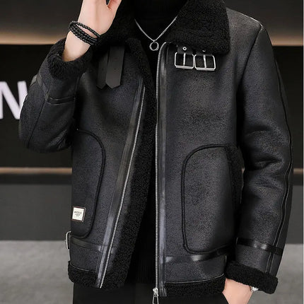 High-quality Faux Fur Leather Jackets Men Splicing Pockets Trend Casual Motorcycle Bike Jacket Winter Thick Warm Coat Streetwear