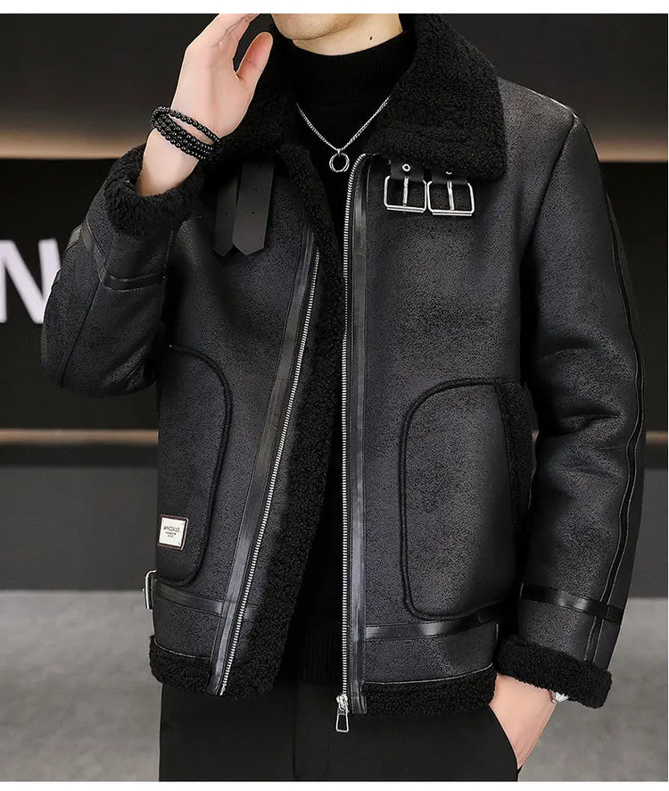 High-quality Faux Fur Leather Jackets Men Splicing Pockets Trend Casual Motorcycle Bike Jacket Winter Thick Warm Coat Streetwear