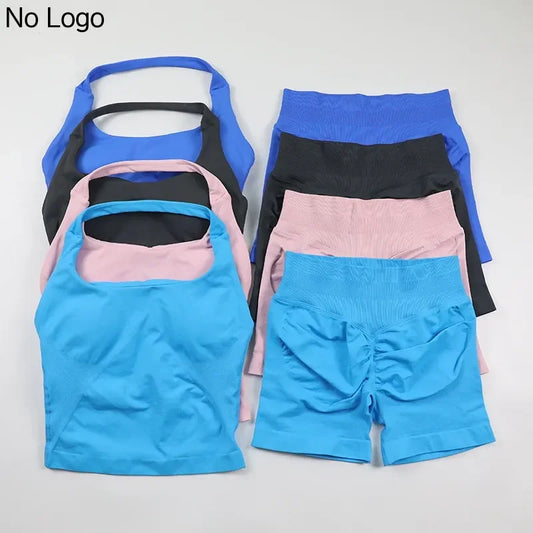 2 Piece Gym Set Women Padded Tank Top Low Waist Seamless Scrunch Shorts Yoga Suit Ribbed Workout Sets Short Fitness Clothes