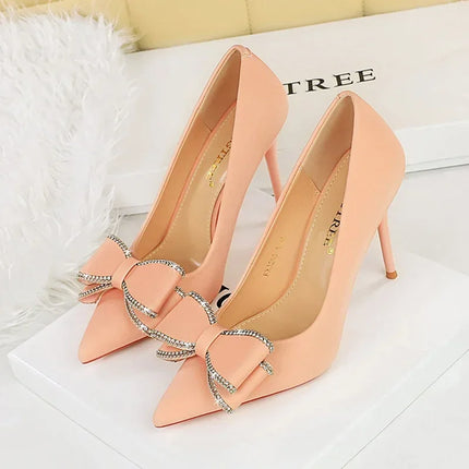 BIGTREE New Fashion Women Dress Shoes 10cm tacchi alti Shallow Toe Crystal Butterfly Knots Lady Red Silk Shoes taglia 34-40