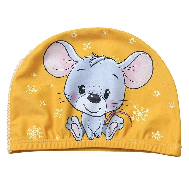 Cuffia da nuoto per bambini Tessuto elastico Simpatico cartone animato per capelli lunghi I bambini adorabili proteggono le orecchie Cappello da piscina per ragazzi e ragazze