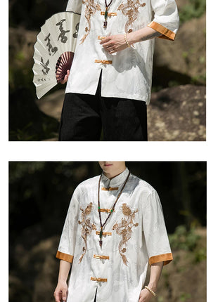 Camicia con ricamo drago dorato da uomo in seta di ghiaccio di alta qualità casual allentato a maniche corte top cardigan tradizionale kung fu retrò da uomo