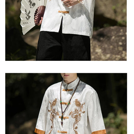 Camicia con ricamo drago dorato da uomo in seta di ghiaccio di alta qualità casual allentato a maniche corte top cardigan tradizionale kung fu retrò da uomo