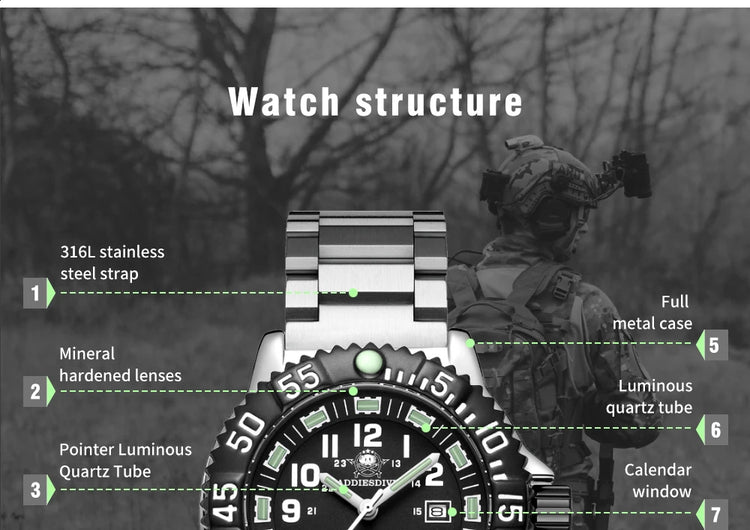 ADDIESDIVE 44mm Men's  Wrist Watch 50m Water Resistant Large Luminous Dial Date Display Stainless Steel Men's Quartz Watch