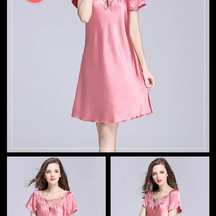 Women's Ice Silk Casual Silk Pajamas Sexy Lace Short Sleeve Women's Summer Pajamas Homewear