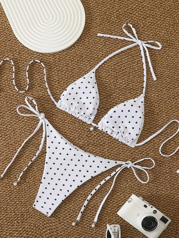 Bikini di Tendenza 2026, Costume da Bagno Sexy con Perle, Micro Bikini a Pois, Abbigliamento da Spiaggia per Donna platinumshop