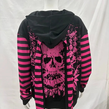 2026 Dark Pink Black Punk Skeleton Printed Striped Sleeve Hoodie Street Style Women's Zipper Cardigan Wholesale