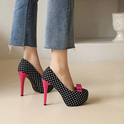 Sexy Super High Heels Women Platform Pumps Polka dot Bow Party Dress Shoes Woman Elegant Wedding Shoes Female 12cm Stilettos PlatiNum