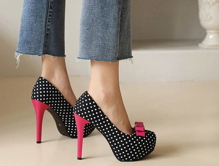 Sexy Super High Heels Women Platform Pumps Polka dot Bow Party Dress Shoes Woman Elegant Wedding Shoes Female 12cm Stilettos PlatiNum