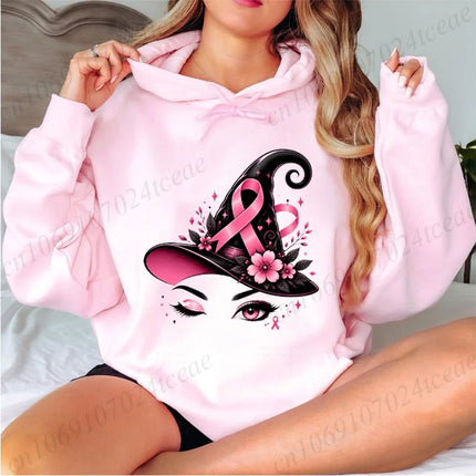 Breast Cancer Awareness Pink October Hoodies Pink Ribbon Witch Hat Halloween Design Graphic Sweatshirts Autumn Winter Hoody Gift