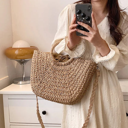 Borse in paglia intrecciata per donna Borsa da viaggio fatta a mano al mare Borsa da spiaggia estiva Nuova borsa a secchiello con manico Shopping Tote Bag Basket Bolsa