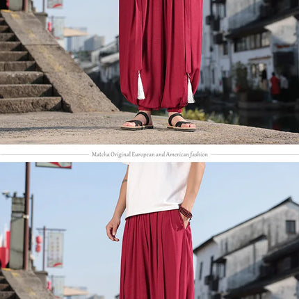 Pantaloni Stile Cinese da Uomo, Etnici in Lino a Gamba Larga, Design con Cavallo Morbido, Pantaloni da Ballo, Casual, Hanfu, Stile Lanterna, 8XL