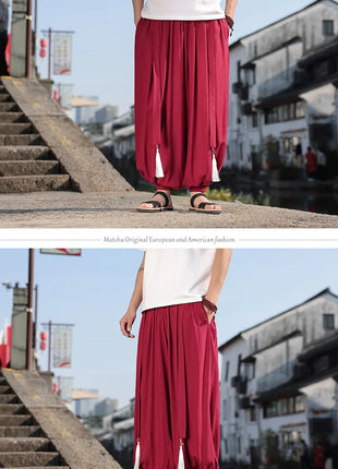Pantaloni a Gamba Larga Stile Etnico per Uomo, Pantaloni in Lino Comodi e Traspiranti, Pantaloni da Ballo, Abbigliamento Casual Quotidiano, Pantaloni Hanfu, Taglie Fino a 8XL