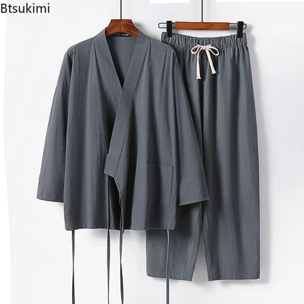 2025 Men's Summer Cotton Linen Two Pieces Chinese Style Lace Up Kimono Tops+Pants Casual Suit Male Vintage Hanfu Tang Suit M-9XL PlatiNum
