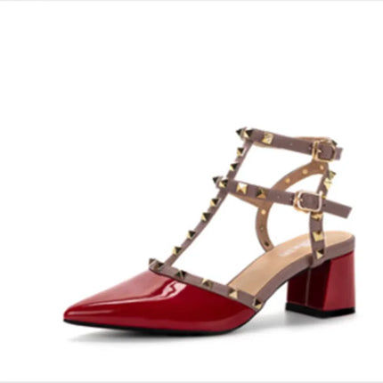 Scarpe singole con borchie in pelle verniciata da donna 2 fibbie décolleté lucide con cinturino a T 5.5cm punta a punta fatta a mano sandali taglie forti larghi 48