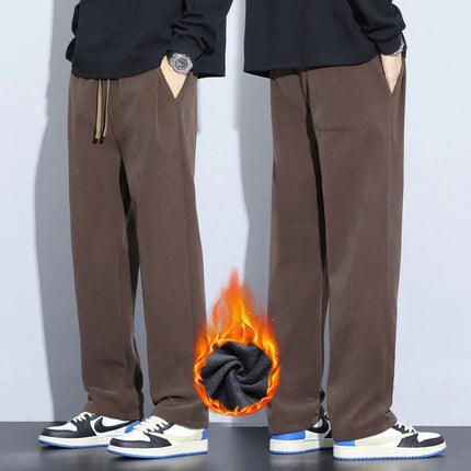 Coffee Khaki Black Gray Loose Casual Pants Men Winter Fleece Thermal Fashion Trousers Thick Velvet Straight Wide Leg Sweatpants
