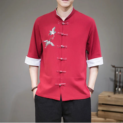Camicie con ricamo gru Abbigliamento tradizionale cinese vintage Mezza manica da uomo in lino Solido colletto Madarin Cardigan Hanfu Kungfu