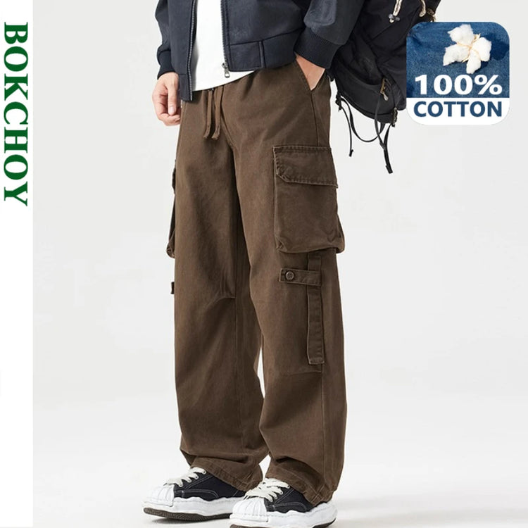 Autumn New Cargo Loose Multi-pockets 100% Cotton Straight Pants for Men Clothing Comfort Zipper Male Trouser GF258113