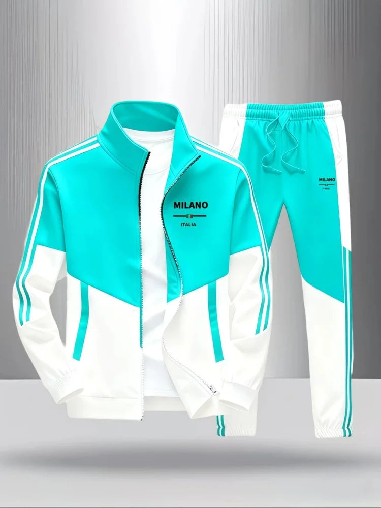 Men 2 Piece Tracksuit Fashion Milano Italia Print Stand Collar Full Zip Jacket Drawstring Jogger Suits Athletic Casual Outfit
