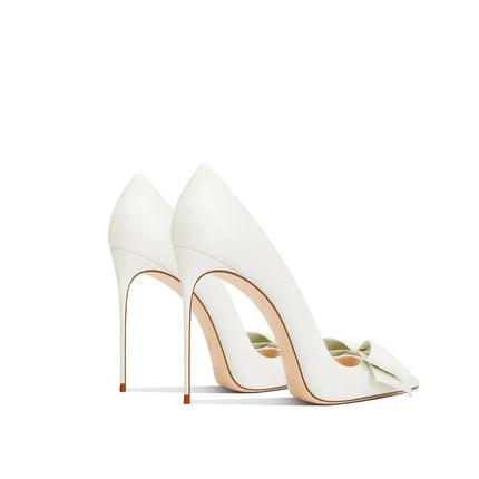 Eleganti scarpe con tacco a spillo a punta con fiocco beige da donna in vera pelle 2025 autunno