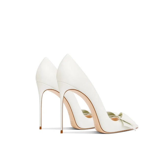 Elegant women's beige pointed stiletto heels with bow in genuine leather 2025 autumn