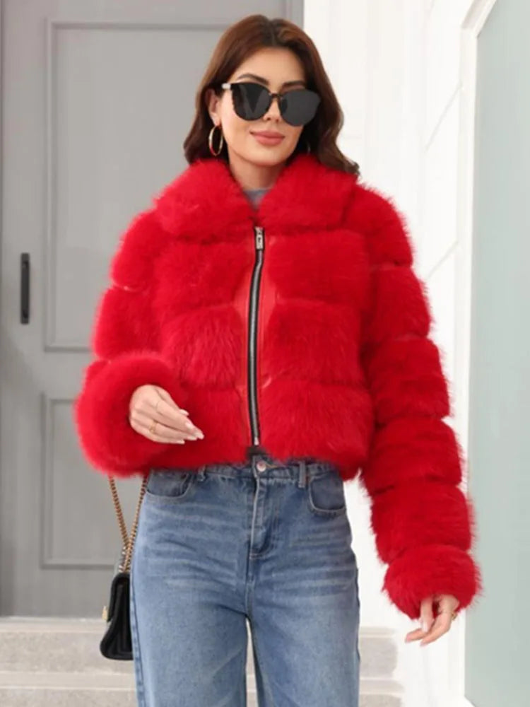 ZADORIN 2025 Chic Winter Fur Coats Woman Spliced Cropped Fluffy Faux Fur Jacket Woman Lapel Zipper Fox Fur Faux Coat Y2K Clothes