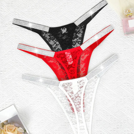 3pcs Sexy Thongs Lace Women Underwear Perspective Floral Panties Low Rise Two Shiny Belts G-string Comfortable Intimate Lingerie