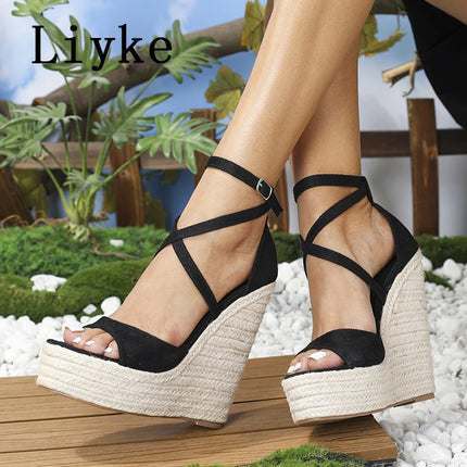 Liyke Taglia 35-42 Sandali con zeppa con plateau Moda sexy Fondo spesso Open Toe Cinturino con fibbia Nero Tacchi alti Scarpe da donna Estate 2026