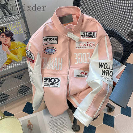 Gmiixder Motorcycle Leather Jacket Unisex High Street Hiphop Pink Bomber Jacket American Vibe Workwear Letter Baseball Uniform
