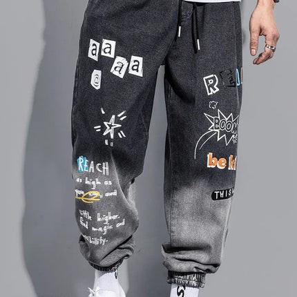 Men's Distressed Denim Pants Cuffed, Artistic Gradient Harem Jeans, Oversized Hip Hop Trousers for Spring Fall Versatile Outfits PlatiNum
