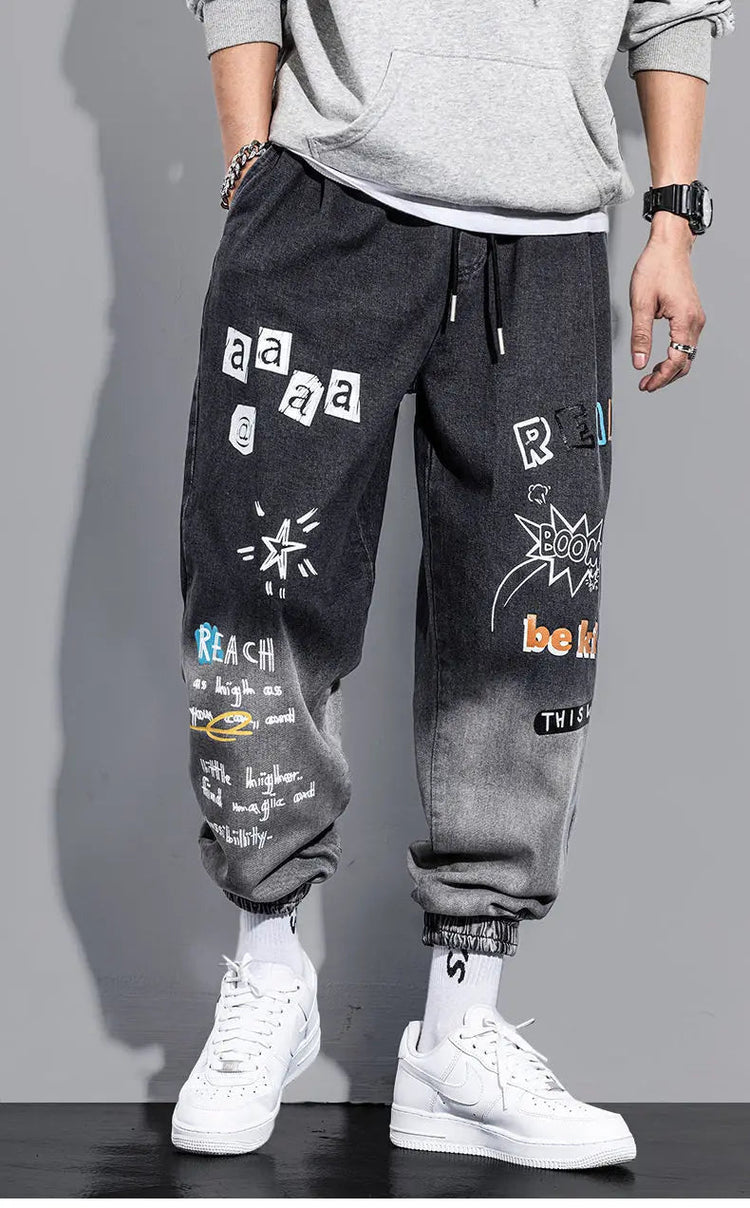 Men's Distressed Denim Pants Cuffed, Artistic Gradient Harem Jeans, Oversized Hip Hop Trousers for Spring Fall Versatile Outfits PlatiNum