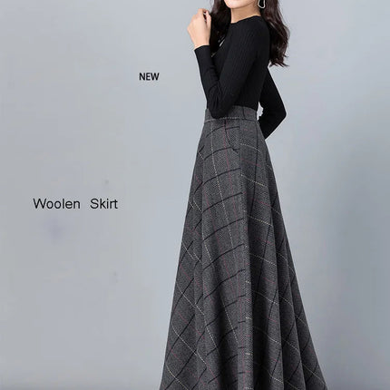 New Women Thick Woolen Skirt Autumn Winter Fashion Elastic High Waist A-Line Long Plaid Skirt Elegant Easy Match Wool Skirt PlatiNum