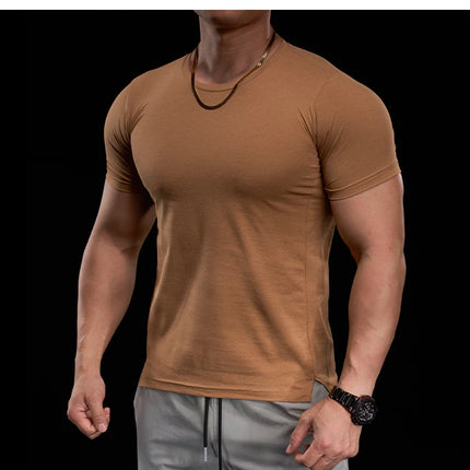 Men's gym fitness workout clothing slim fit short sleeve breathable high elasticity sports T-shirt, running sports