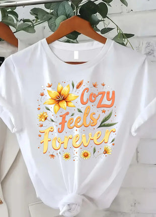 Comoda maglietta da donna con stampa Cozy Feels Forever T-shirt da donna con stampa floreale, stile casual comfort