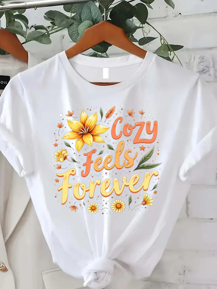 Comoda maglietta da donna con stampa Cozy Feels Forever T-shirt da donna con stampa floreale, stile casual comfort