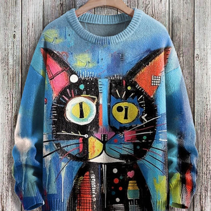 Cute Black Cat Graphic Retro Pattern 3D Printed Men's Knitted Pullover Winter Unisex Casual Warm Knit Pullover Sweater