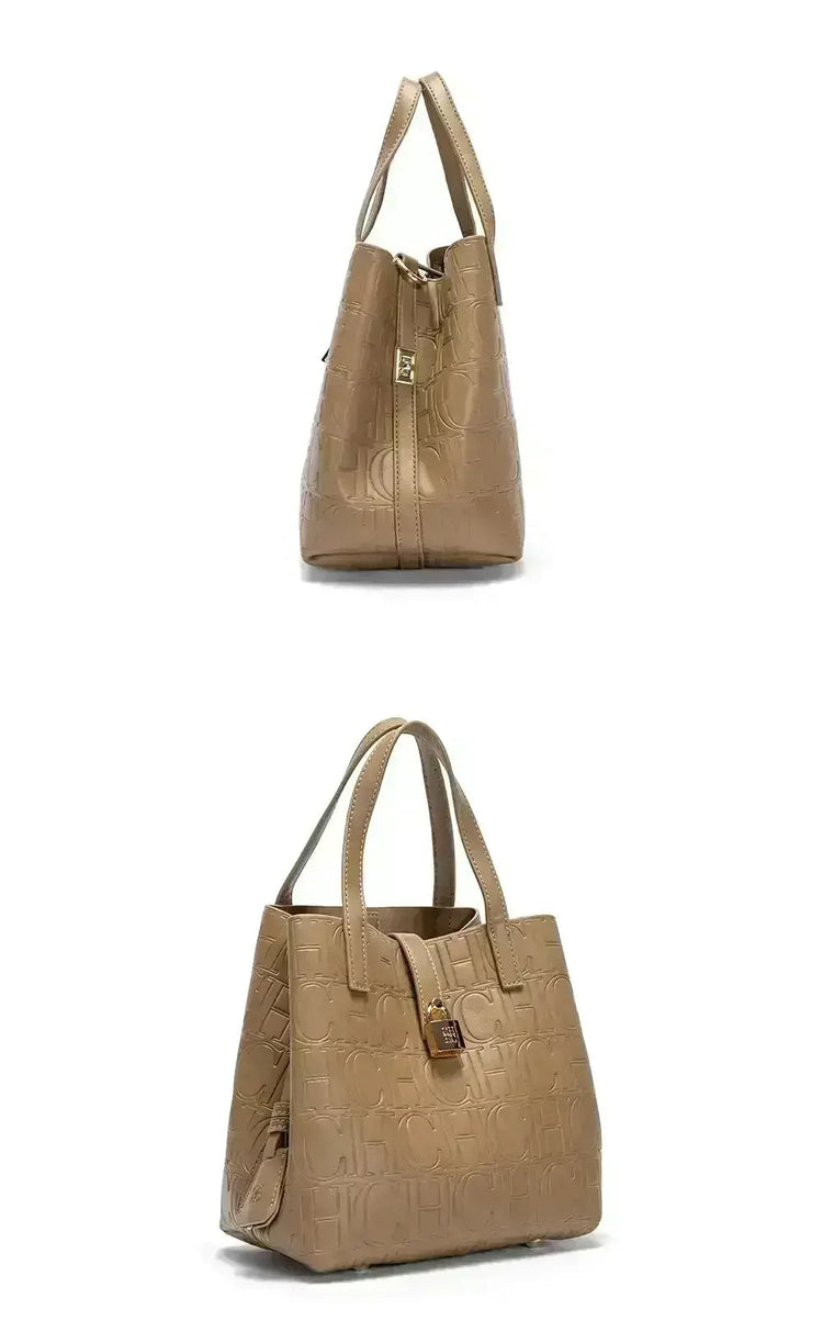 CH Large Capacity Handbag Luxury Brand Temperament Letter Print with Lock Design 2025 Trendy Women's Crossbody Bag PlatiNum